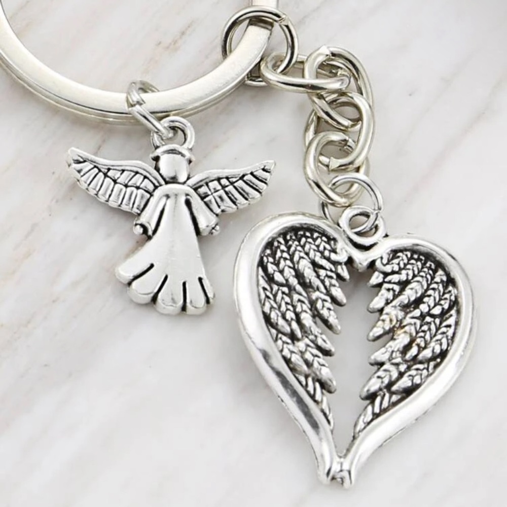Angel and Wings Charm Keychain Silver Plated Heart - Picture 4 of 5